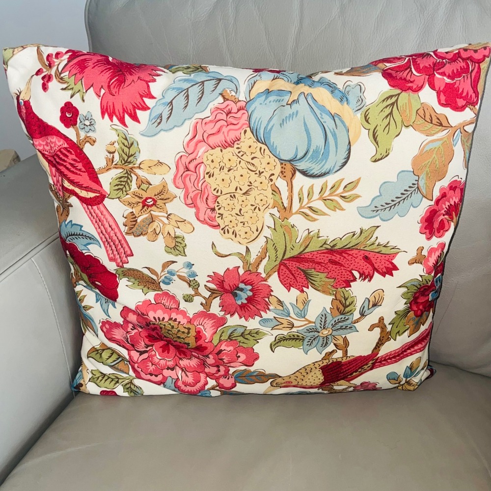Pottery Barn Floral Bird Decorative Pillow Cotton Cream Multicolor 18x18